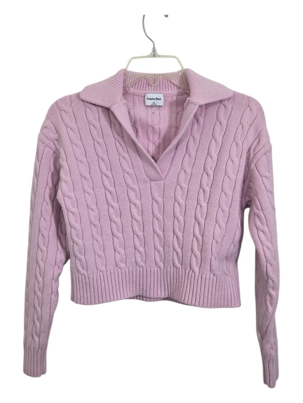 Aritzia Sunday Best Lottie Sweater Pink Wool Cable Knit Collared Cropped Size XS